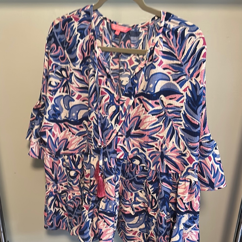 Simply Southern Blue and Pink Graphic Tie Front Blouse